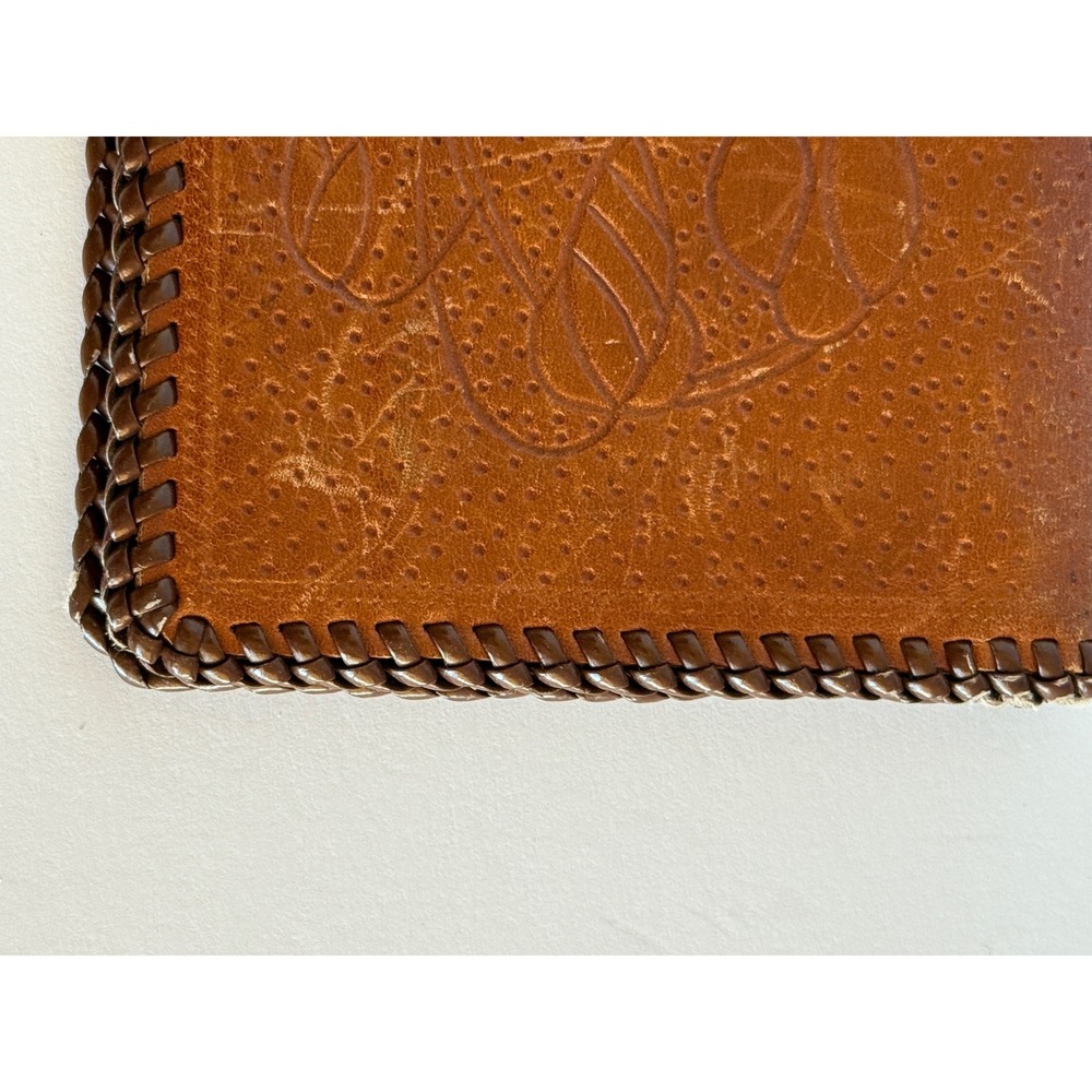 Vintage Tooled Leather Checkbook Wallet Brown Floral Design Hand Stitched - Picture 3 of 12